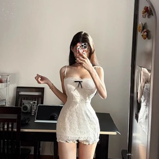 shushu蕾丝边饰混纺拼接双层吊带连衣裙蝴蝶结收腰显瘦A字裙子