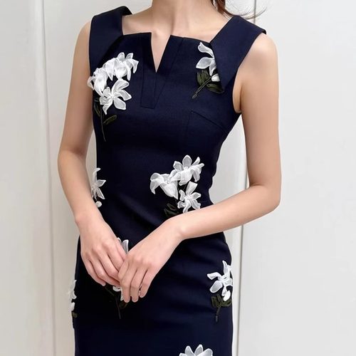 shushu法式立体花朵装饰连衣裙