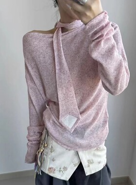 TE medium甜美温柔露肩飘带设计感针织衫well轻薄透气宽松T恤上衣