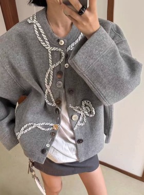 TE 对版高品质 设计感廓形小香外套艺术绳索羊毛双面毛呢夹克上衣