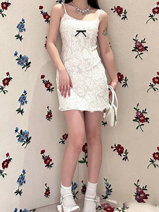 短裙收腰显瘦裙子女 新款 shushu蝴蝶结两色蕾丝吊带连衣裙夏季