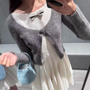 叠穿蝴蝶结羊毛针织连衣裙 marchen2025秋冬甜美温柔风收腰无袖