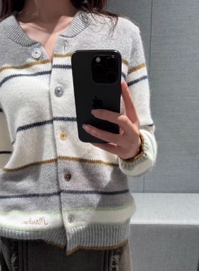 TE marchen25秋冬甜美温柔风条纹羊毛针织开衫休闲百搭软糯毛衣女