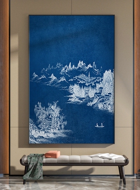 新中式客厅玄关装饰画蓝色抽象山水河流渔船简约样板房壁轻奢挂画