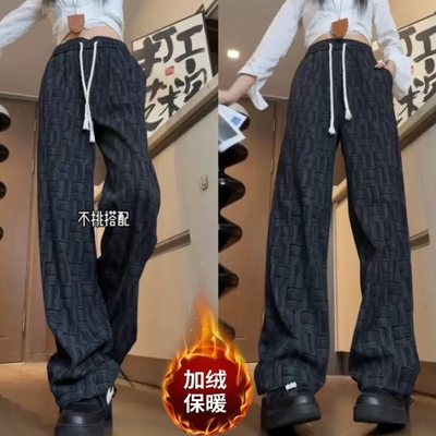 加绒加厚休闲裤女冬季新款保暖灯芯绒宽松显瘦大码扎染直筒长裤子