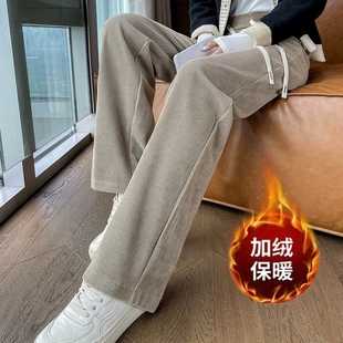 子 灯芯绒宽松直筒显瘦潮流百搭休闲长裤 加绒加厚休闲裤 女士秋冬款