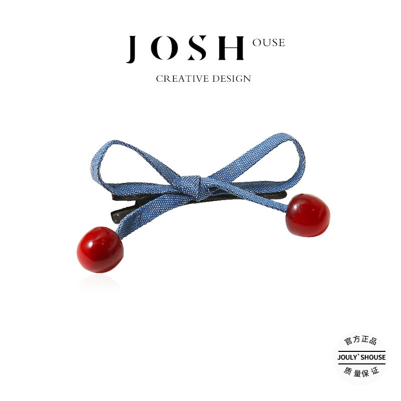 甜美牛仔蓝樱桃蝴蝶结发夹少女心侧边时尚鸭嘴发卡边夹日韩发饰