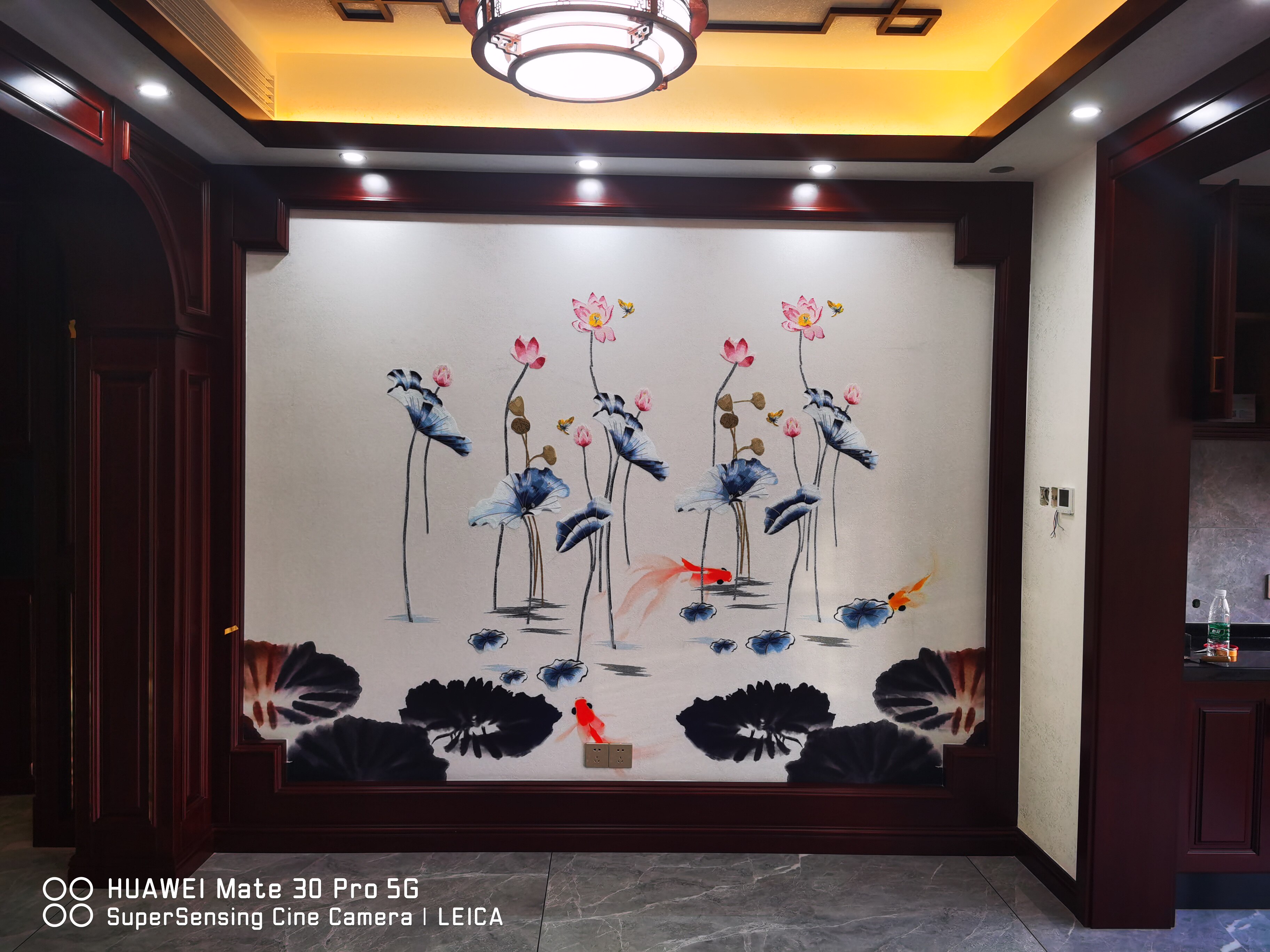 无缝墙布刺绣新中式沙发客厅电视背景墙现代中印加绣花鸟刺绣蓝色