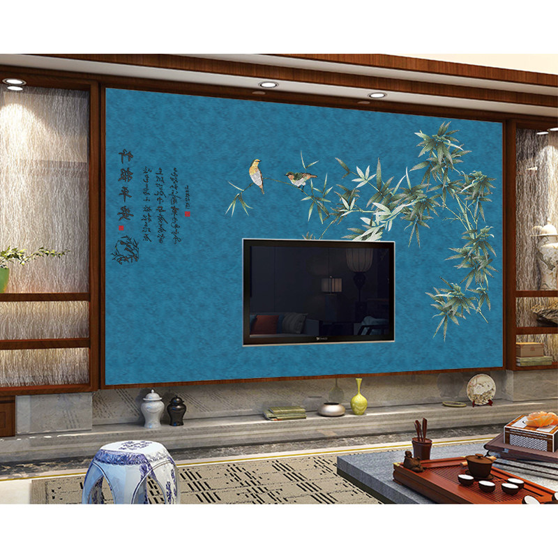 独绣刺绣背景墙布新中式竹子画客厅电视沙发床头独秀壁画无缝壁布