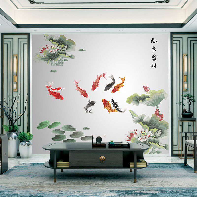 无缝独绣刺绣客厅餐厅背景墙现代中式九鱼聚财荷花荷叶新款壁布壁