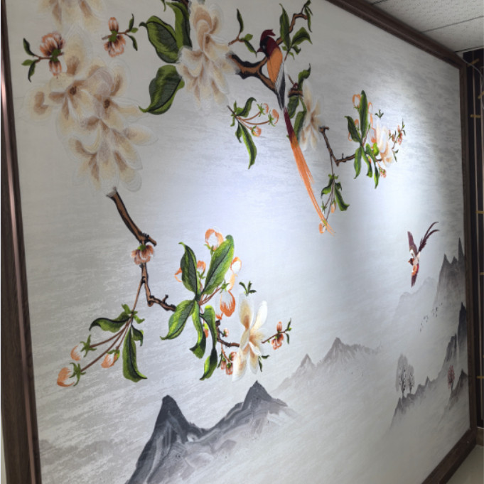 独秀背景墙布印加绣刺绣山水花鸟中式现代客厅墙纸来图定制新款