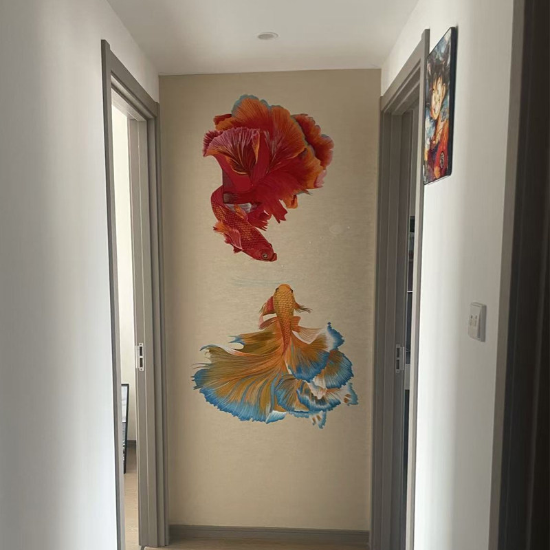 独绣壁布墙布玄关鱼背景墙刺绣现代中式走廊竖款梅花包邮新款画