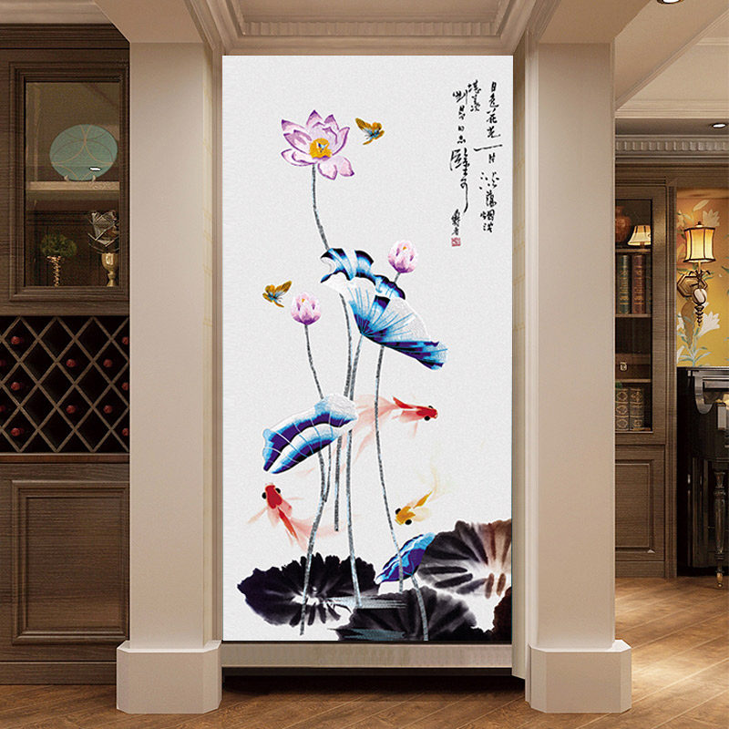 现代新中式墙布刺绣背景墙壁布玄关荷花轻奢别墅定制壁画酒店墙布
