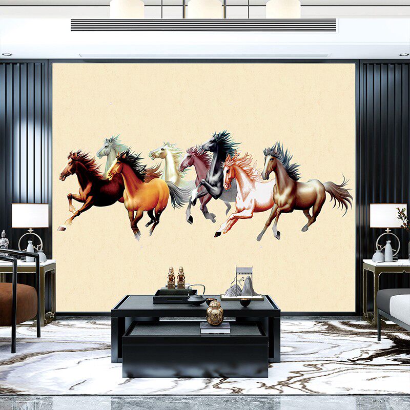 无缝独绣刺绣壁布客厅沙发电视背景墙八骏图马山水餐厅墙布壁画新