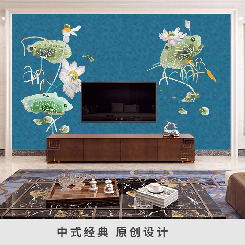 独绣墙布现代新中式荷花客厅电视床头背景墙整幅荷叶刺绣壁布2022