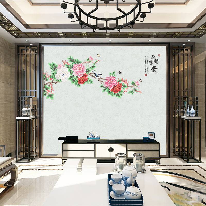 独绣刺绣壁画无缝定制牡丹花墙布独秀花鸟客厅卧室电视背景墙新款