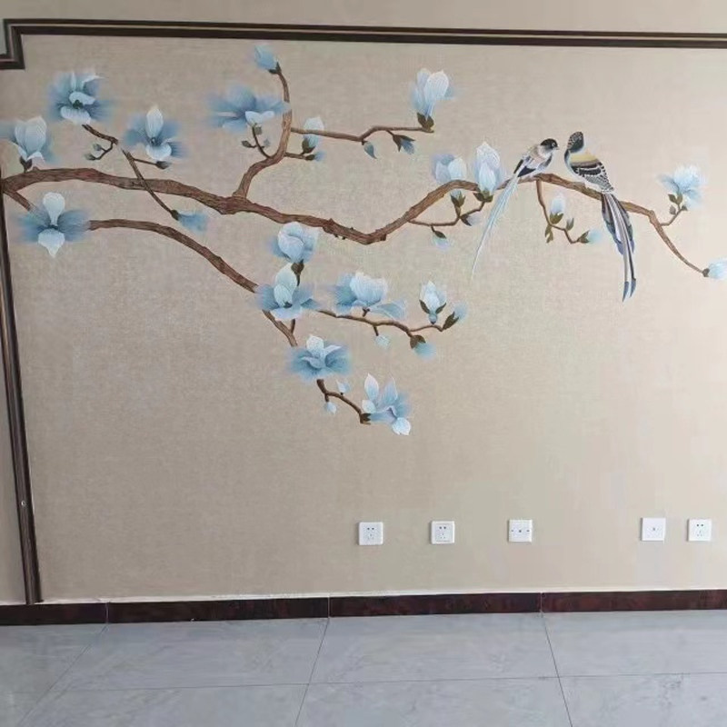 刺绣花鸟新中式背景墙布玉兰苏绣