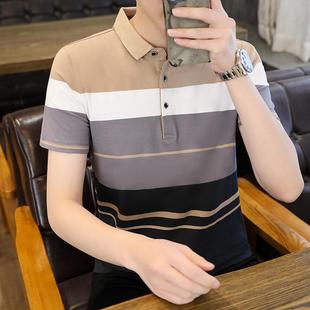 青年半袖 新款 条纹潮牌翻领薄款 体恤男装 男士 纯棉短袖 t恤2025夏季