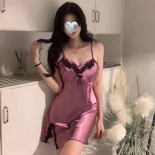 缎面冰丝吊带睡裙纯欲风蕾丝低胸家居服 气质御姐性感睡衣女夏季