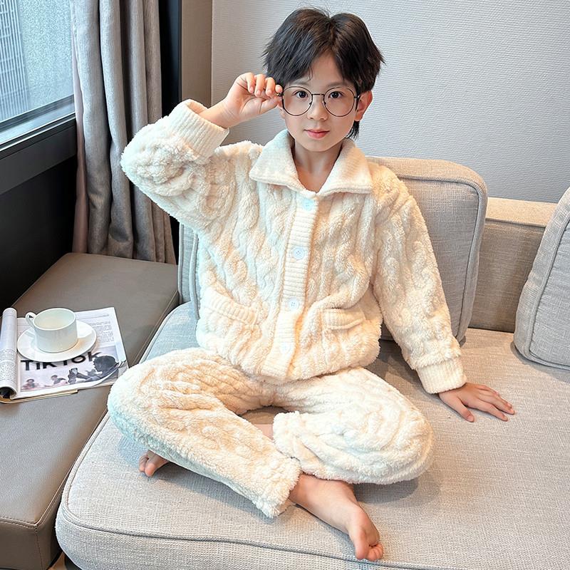 儿童装男童冬装睡衣2024新款珊瑚绒冬季加绒加厚法兰绒秋冬家居服