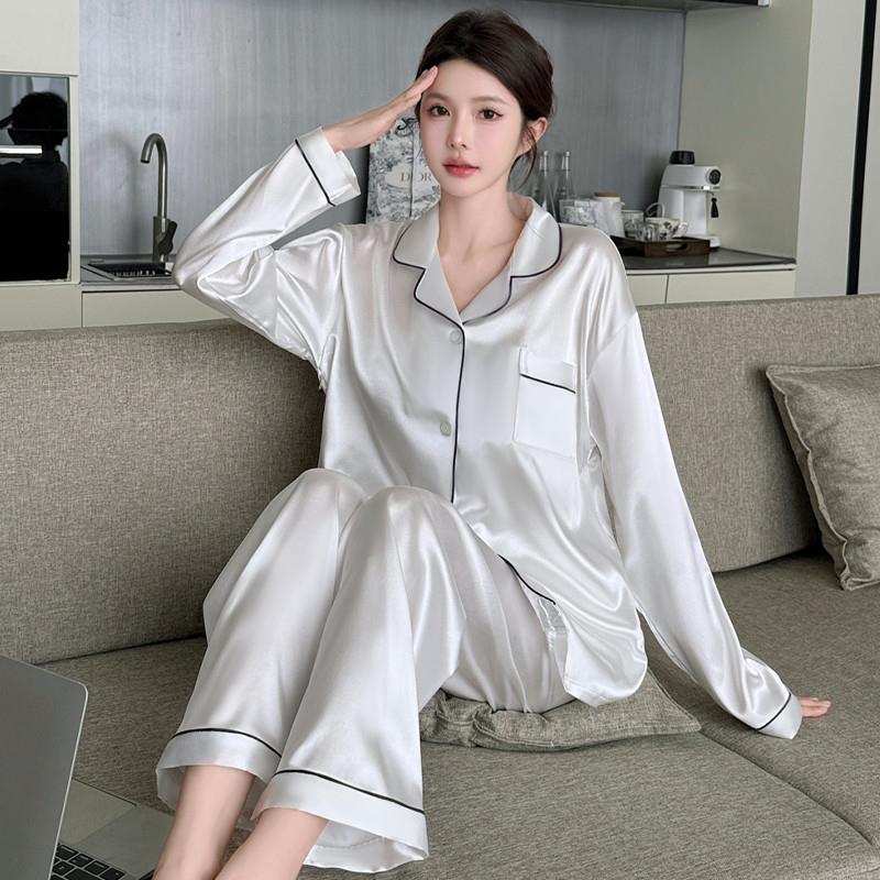 冰丝睡衣女款长袖2025新款春秋纯色家居服女士仿真丝夏季薄款套装
