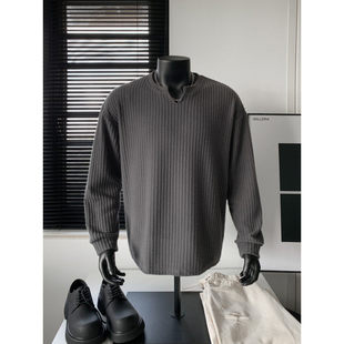 深灰色肌理感小V领卫衣男款重磅正肩内搭打底衫cleanfit长袖T恤秋