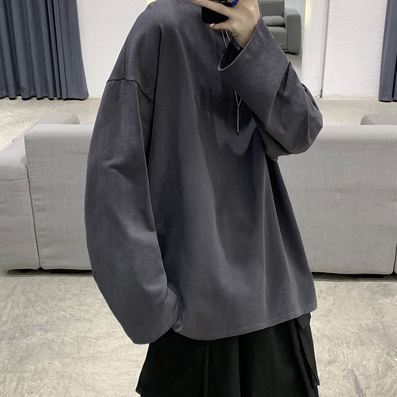 长袖t恤男ins秋季男士上衣宽松衣服纯棉纯色打底衫内搭潮黑色卫衣