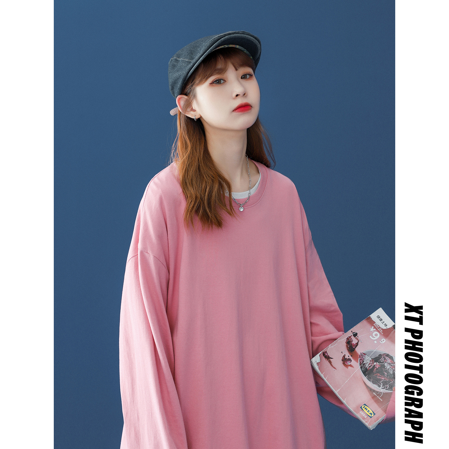 美式200g重磅纯棉长袖t恤男女圆领宽松纯色打底衫情侣新款秋装衫