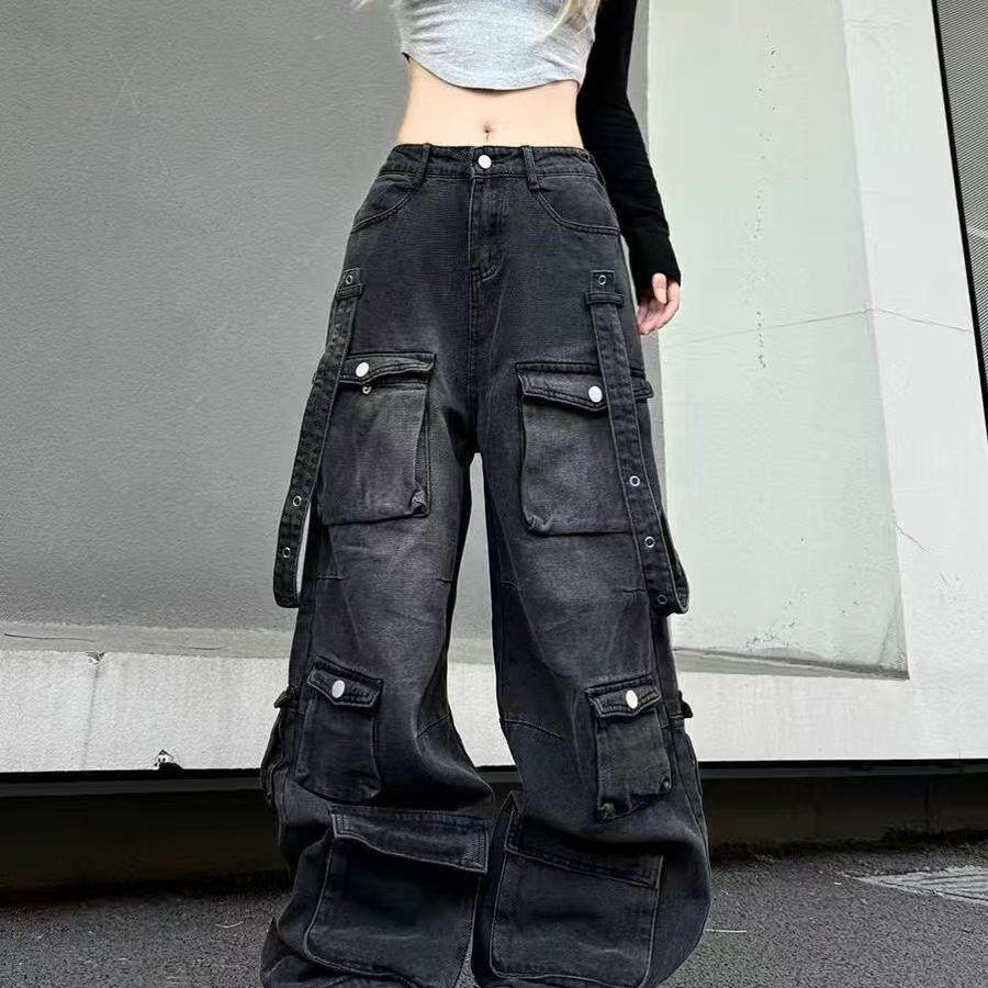 新款美式水洗高街vibe工装牛仔裤女多口袋立体直筒宽松阔腿长裤子