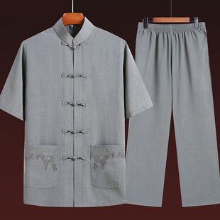 中国风亚麻短袖衬衫两件套男中老年唐装爸爸宽松休闲套装爷爷衣服