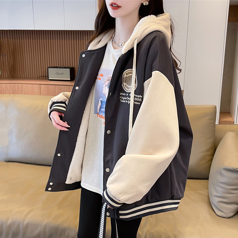 美式潮牌羊羔绒外套秋冬季加绒加厚棉服初高中学生夹克保暖棒球服