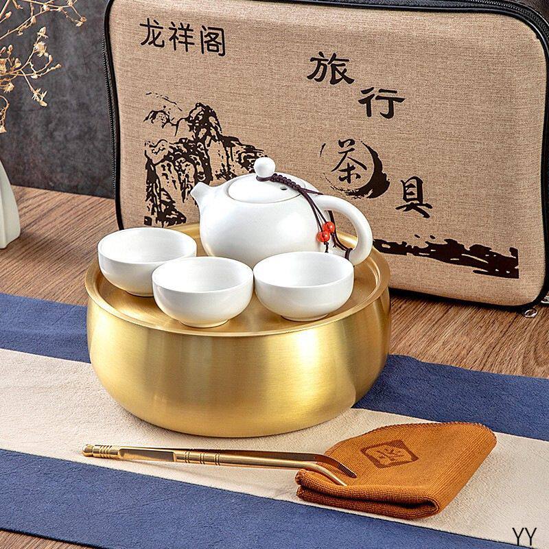 户外旅行茶具套装轻奢金色茶盘潮汕家用小型便携式功夫铜茶具茶道