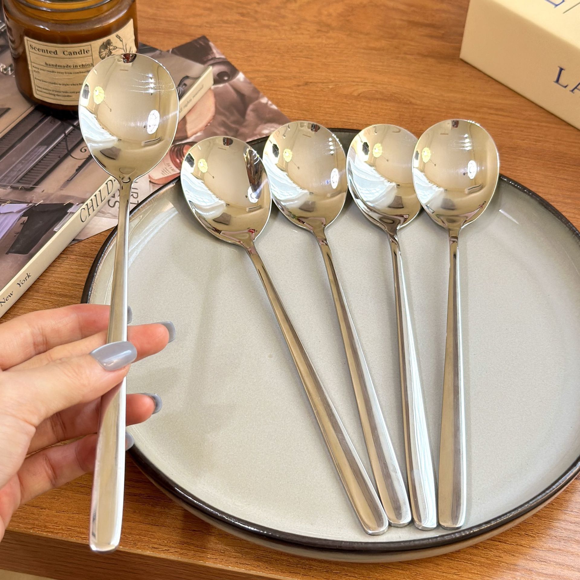 刻字餐具316不锈钢勺子叉子套装钉制图案轻奢韩式勺长柄吃饭勺叉