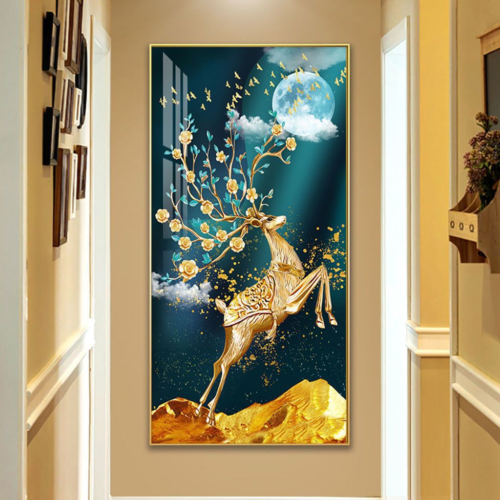 入户玄关装饰画进门玄关画竖版现代镶钻晶瓷走廊过道挂画图片