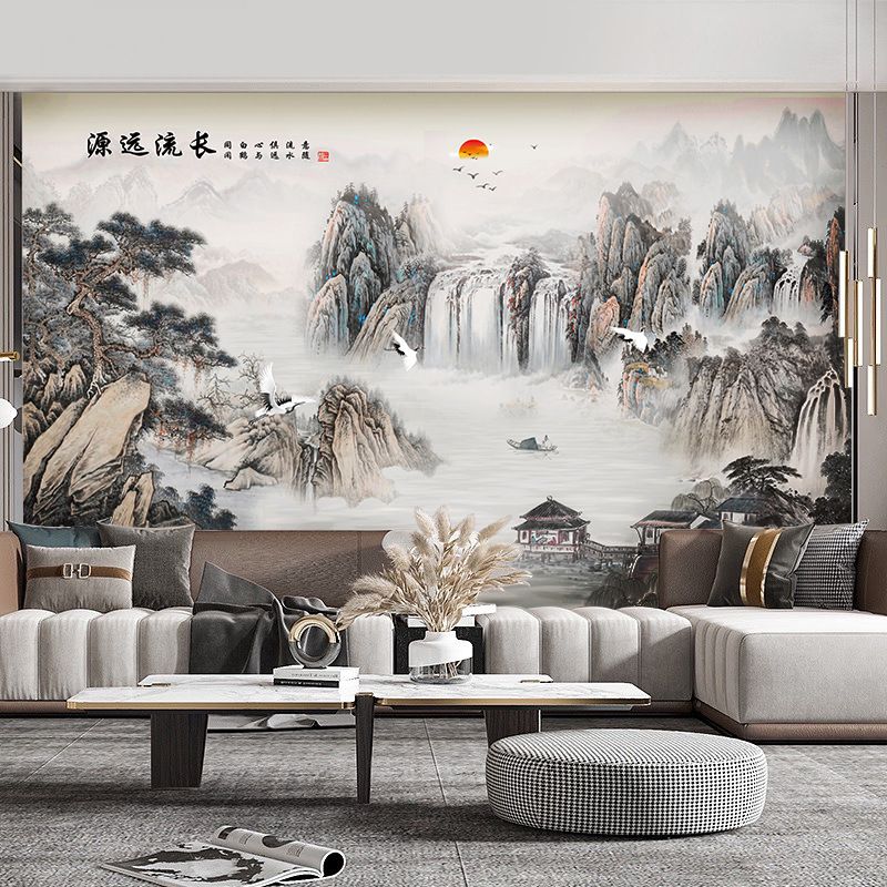 山水画水墨画客厅墙纸自粘墙画风景画新中式墙贴纸墙布背景墙壁画