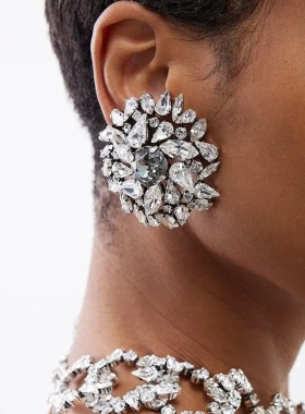速卖通爆火复古圆形耳夹个性几何水钻耳饰夸张配饰女earrings