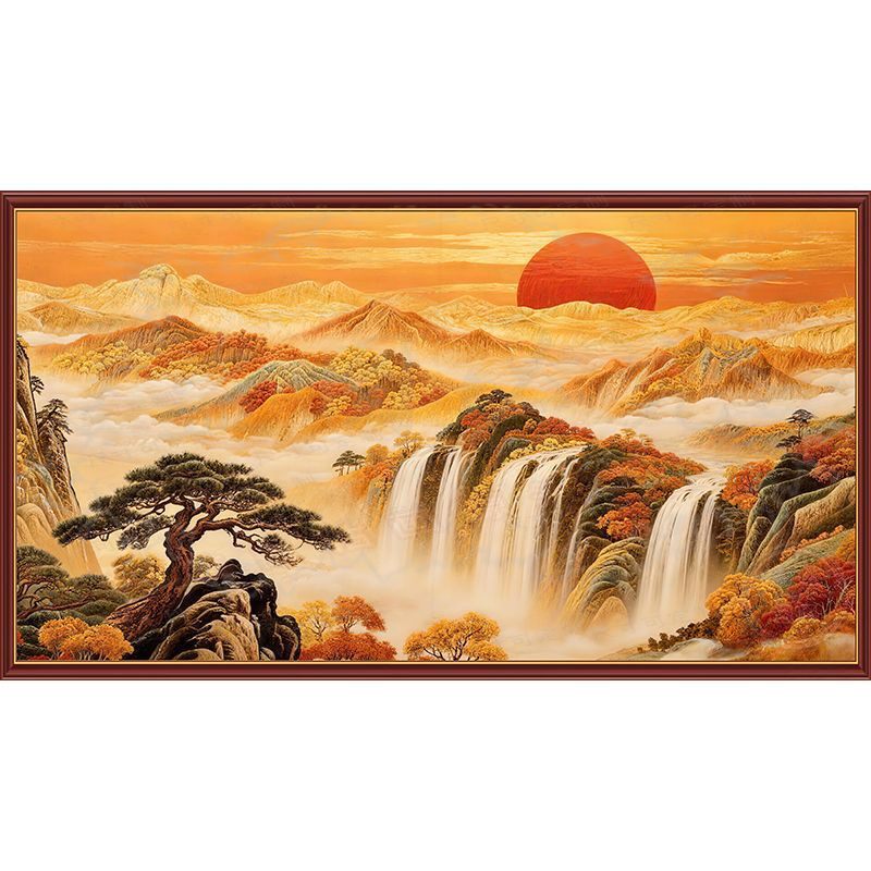 国画鸿运当头泰山日出自粘墙贴画客厅办公室背景墙装饰画贴纸壁画