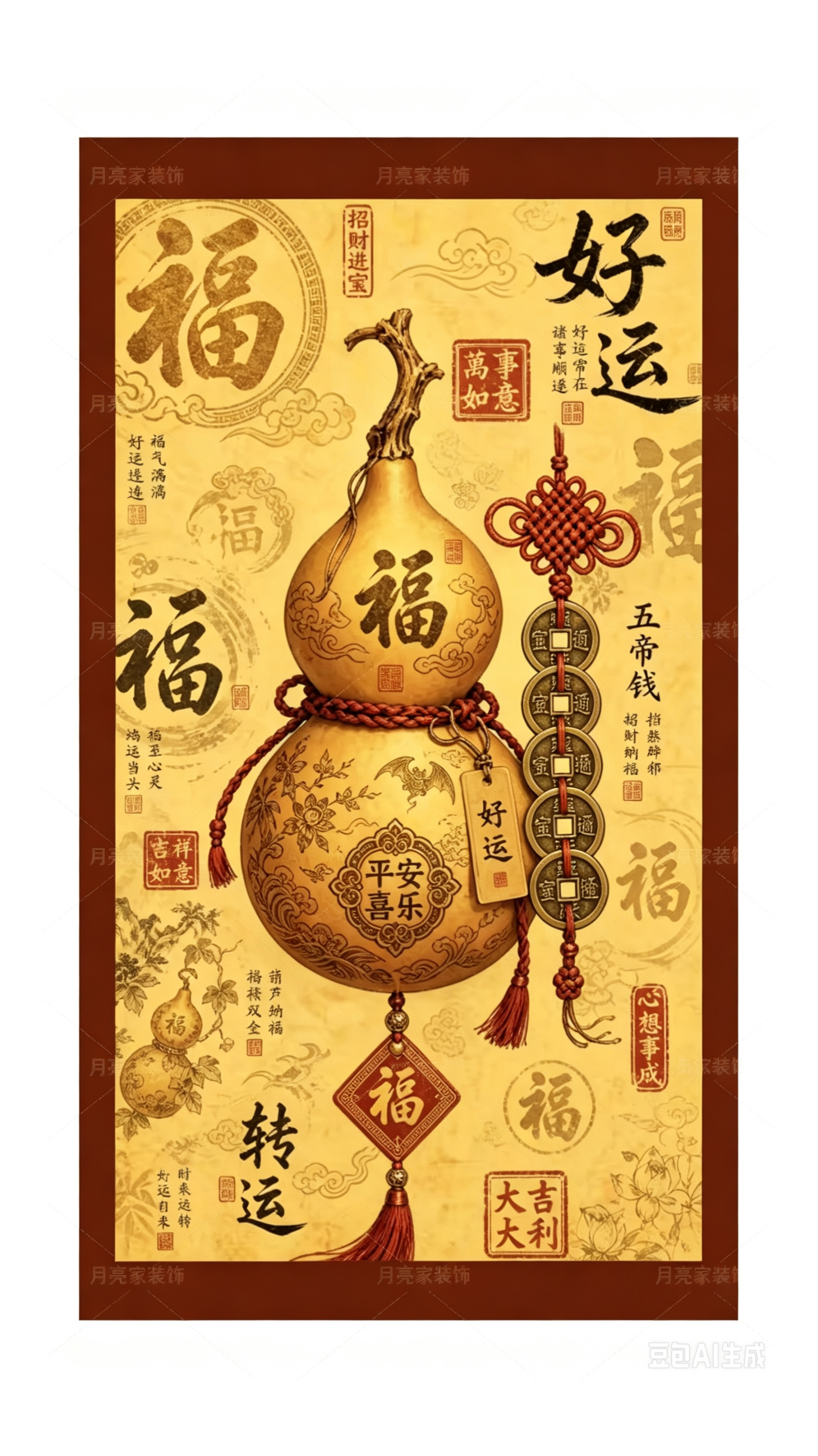 新中式福禄好运转运自粘墙贴画卧室客厅餐厅背景墙装饰画贴纸壁画