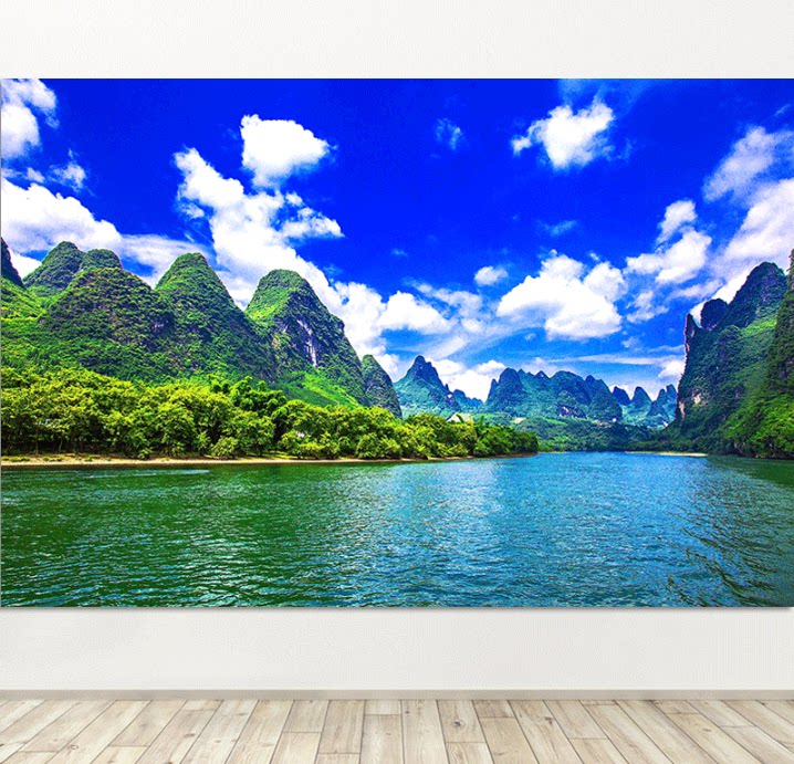 桂林山水风景画天下意境唯美画自粘墙贴客厅茶室电视背景墙装饰画
