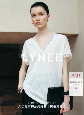 LYNEE 蕾丝拼接白色短袖t恤女夏季新款V领宽松显瘦气质上衣小衫