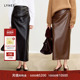 LYNEE 斜侧褶皮高腰半裙女秋冬新款 设计感复古气质半身裙PU皮裙