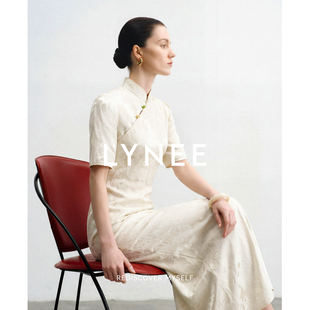 旗袍夏季 LYNEE 白色国风连衣裙 提花斜裁中袖 绝代风华 TORIL