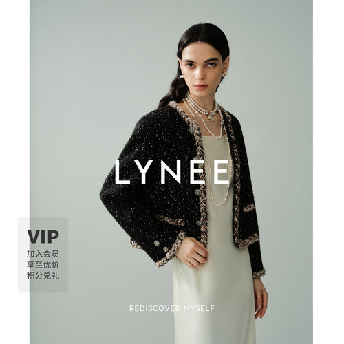 LYNEE【黑标 科莫湖庄园】黑色经典短款香风外套 粗花呢百搭上衣