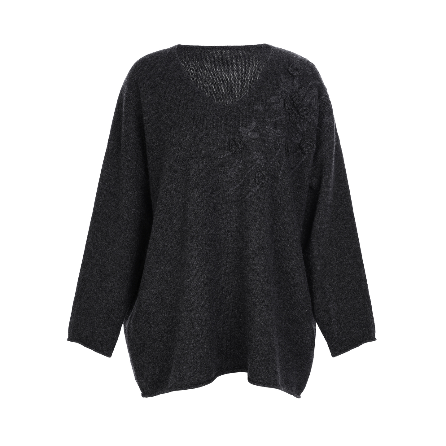 LYNEE 【花朵衫】V领立体花朵纯羊毛毛衣 女冬宽松套头长袖针织衫