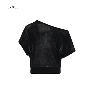 新款 LYNEE 女夏季 斜肩露肩极简弹力针织衫 松弛感上衣百搭 T恤短袖