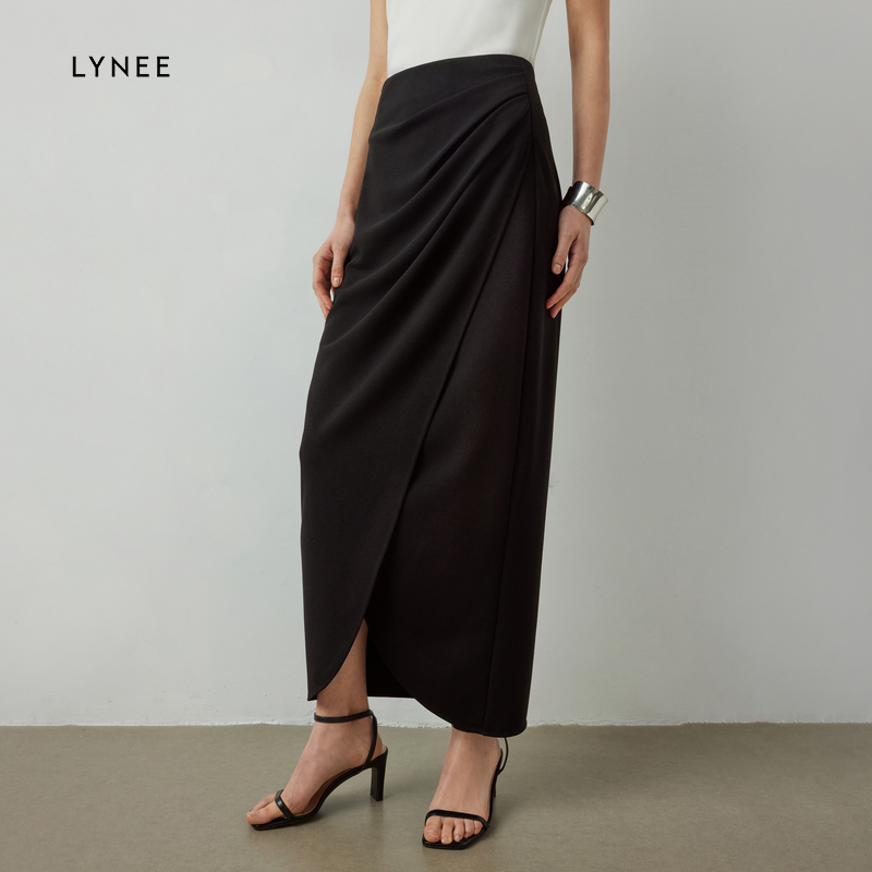 LYNEE 不对称叠褶开衩弹力针织半身裙女包臀显瘦半裙