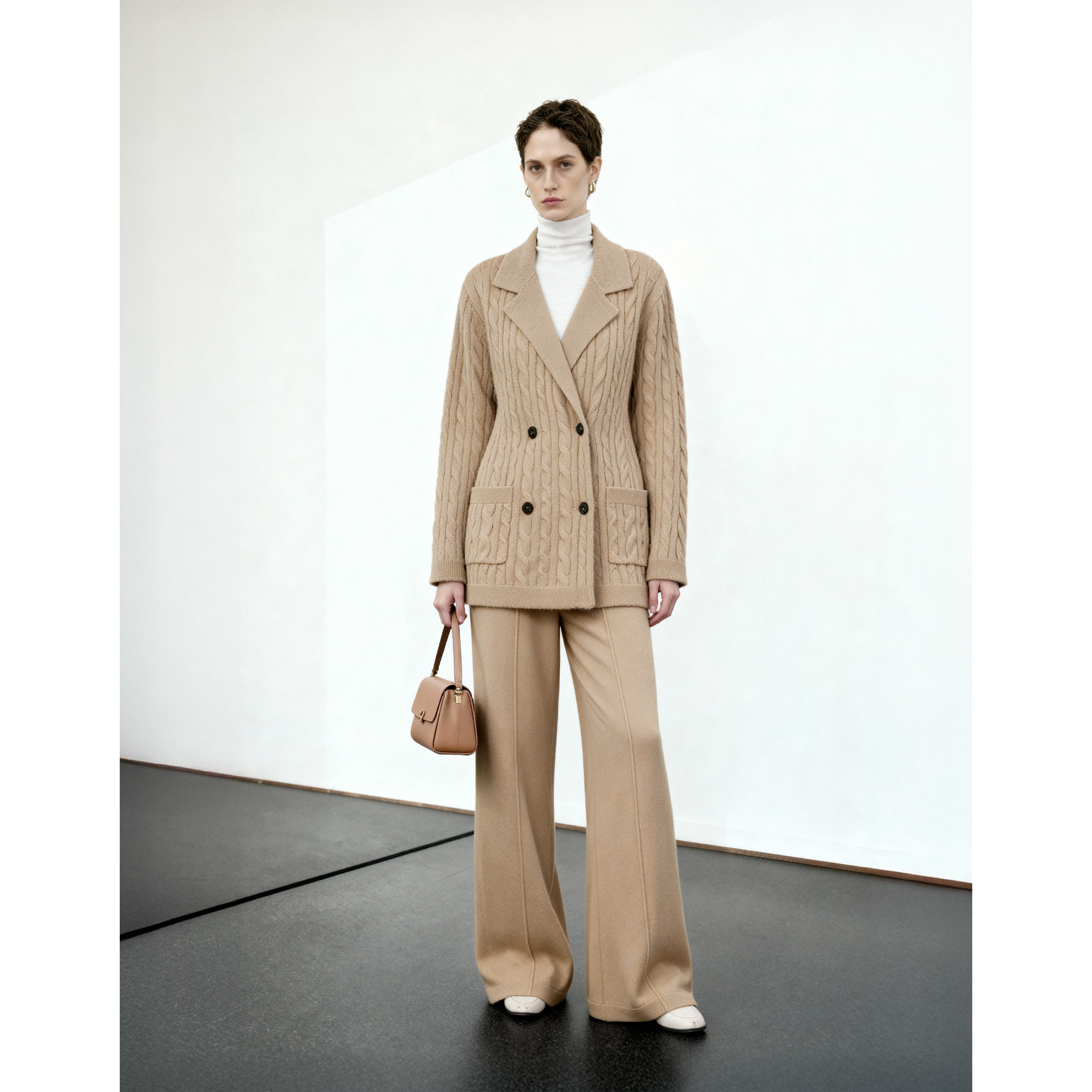 LYNEE【老钱世家】经典绞花编结针织100%羊毛开衫/针织羊毛长裤