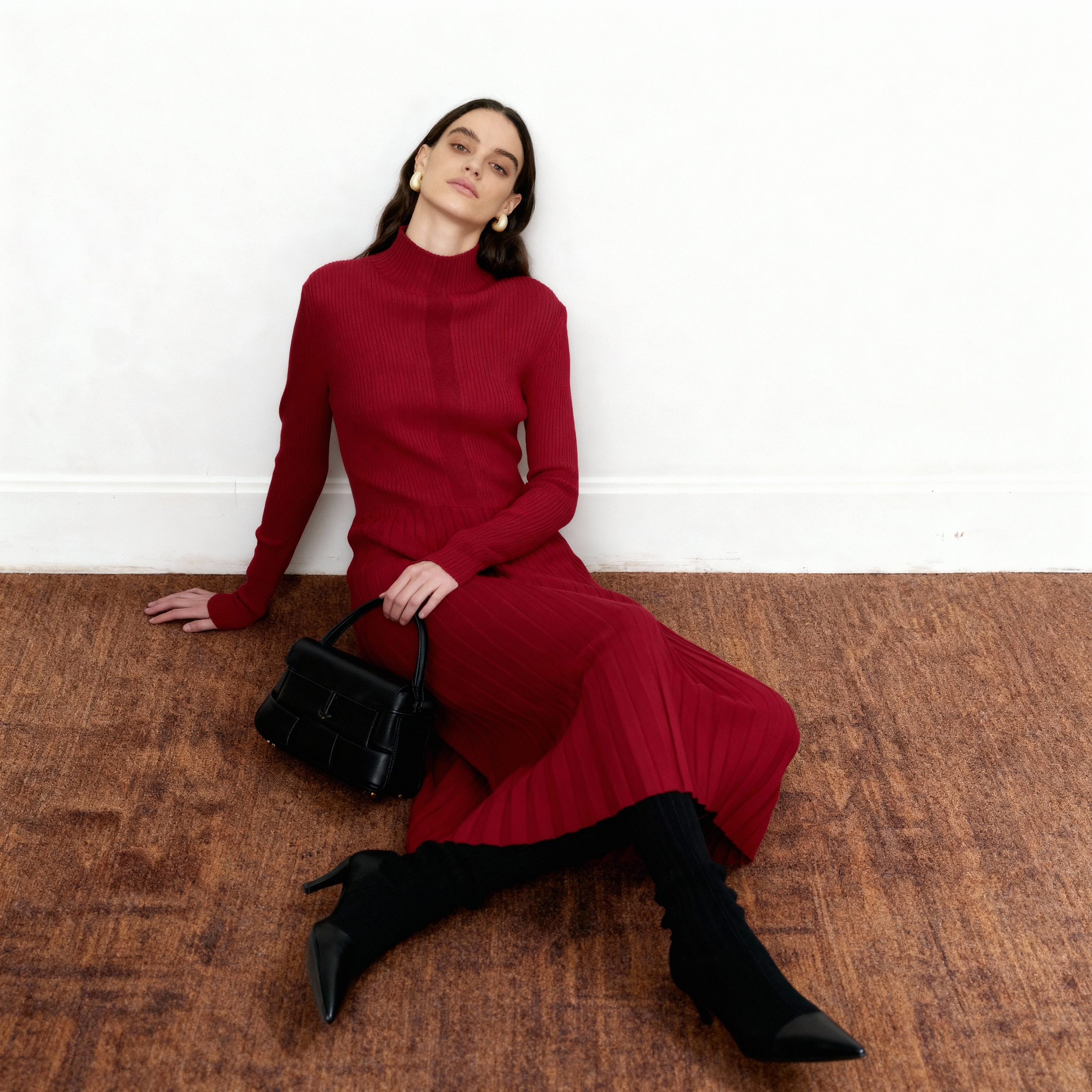 LYNEE【复古缪斯】简约红色半高领羊毛针织连衣裙 中长款内搭裙子