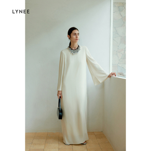 LYNEE 慵懒长裙 醋酸垂顺简约圆领喇叭袖 宽松连衣裙女时尚