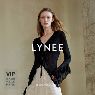 女2026春夏优雅时尚 上衣 设计感蕾丝荷叶边V领收腰针织开衫 LYNEE